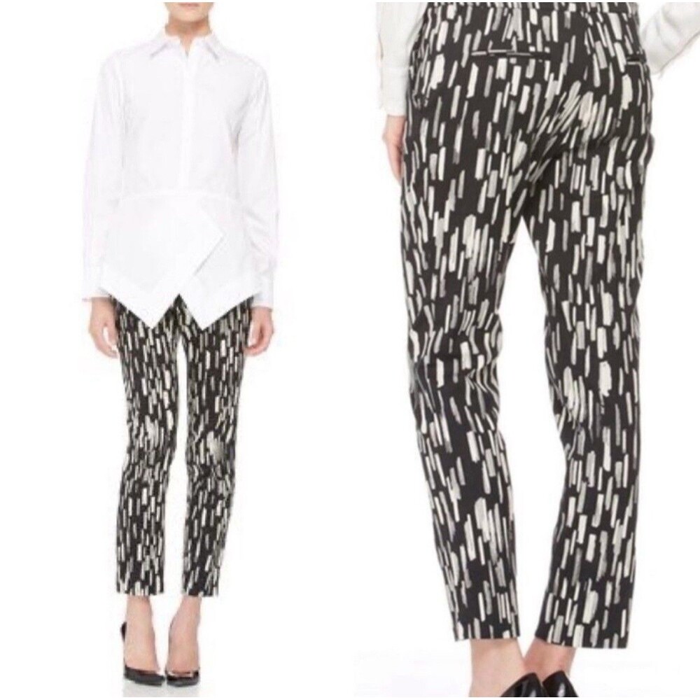 Lela Rose Women Dress Pants Trouser 2 Print 100% SILK LINED Black White Caroline